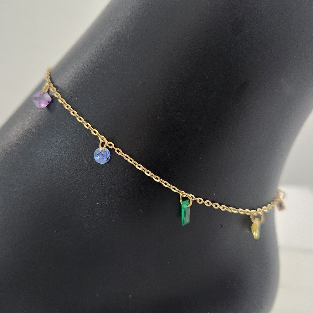 Gold Plated Anklet BraceletWith Colorful Crystal Gemstones Summer Accesories - Picture 6 of 14